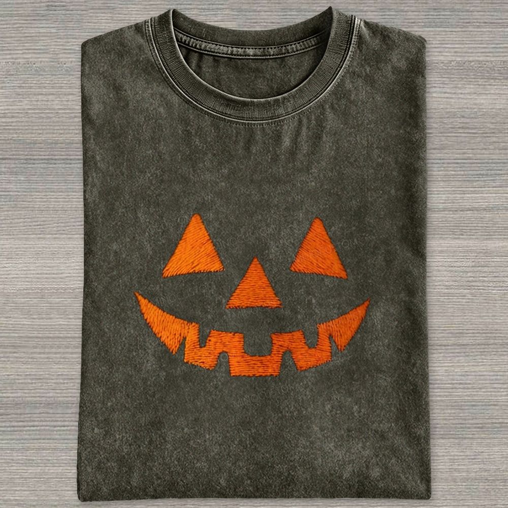 Minimal Retro Jack O Lantern Pumpkin Face Halloween Washed T-shirt