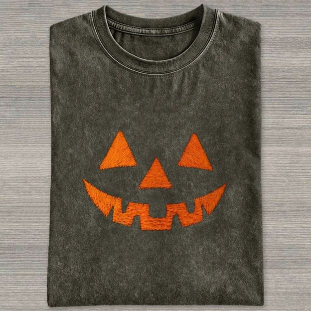 Minimal Retro Jack O Lantern Pumpkin Face Halloween Washed T-shirt
