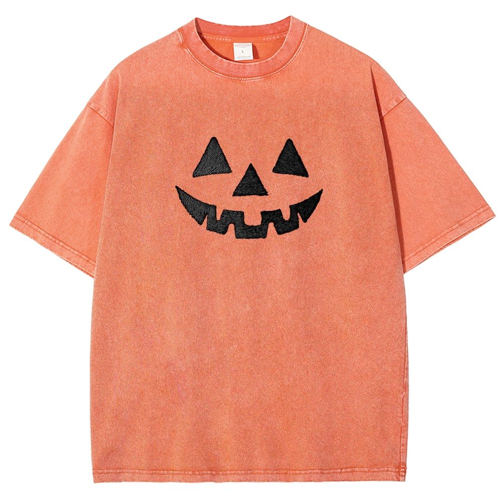 Minimal Retro Jack O Lantern Pumpkin Face Halloween Washed T-shirt