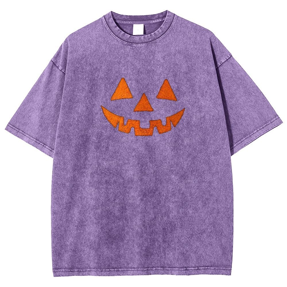 Minimal Retro Jack O Lantern Pumpkin Face Halloween Washed T-shirt