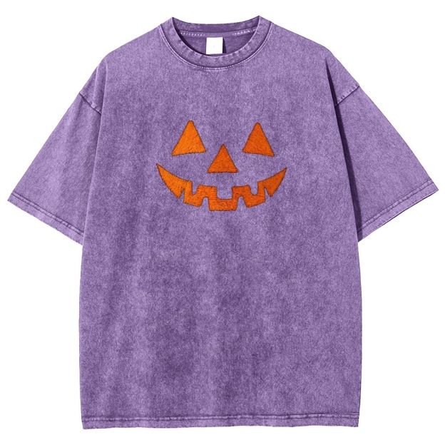 Minimal Retro Jack O Lantern Pumpkin Face Halloween Washed T-shirt