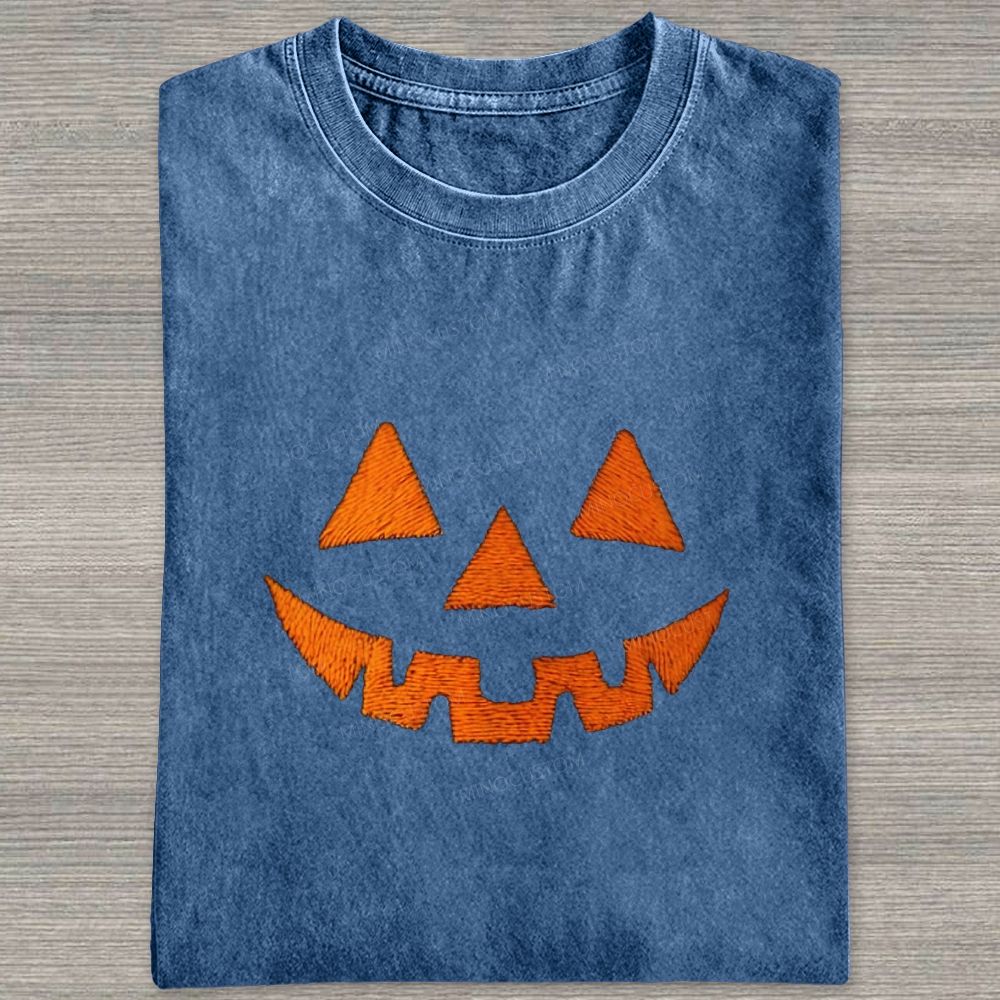 Minimal Retro Jack O Lantern Pumpkin Face Halloween Washed T-shirt