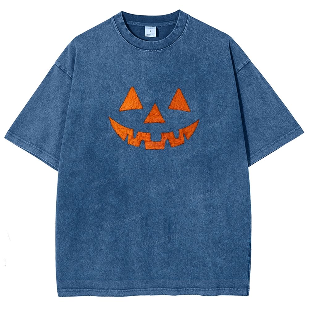Minimal Retro Jack O Lantern Pumpkin Face Halloween Washed T-shirt