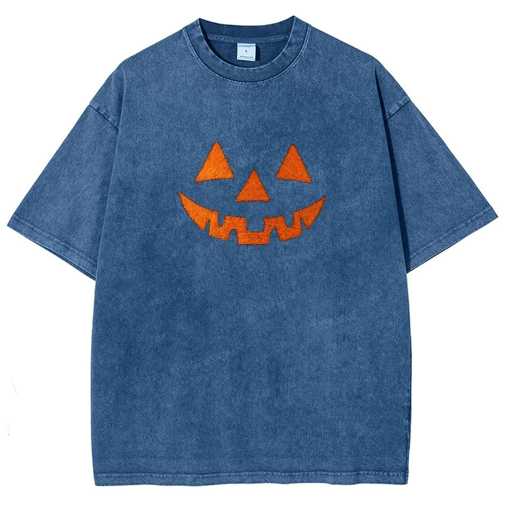 Minimal Retro Jack O Lantern Pumpkin Face Halloween Washed T-shirt