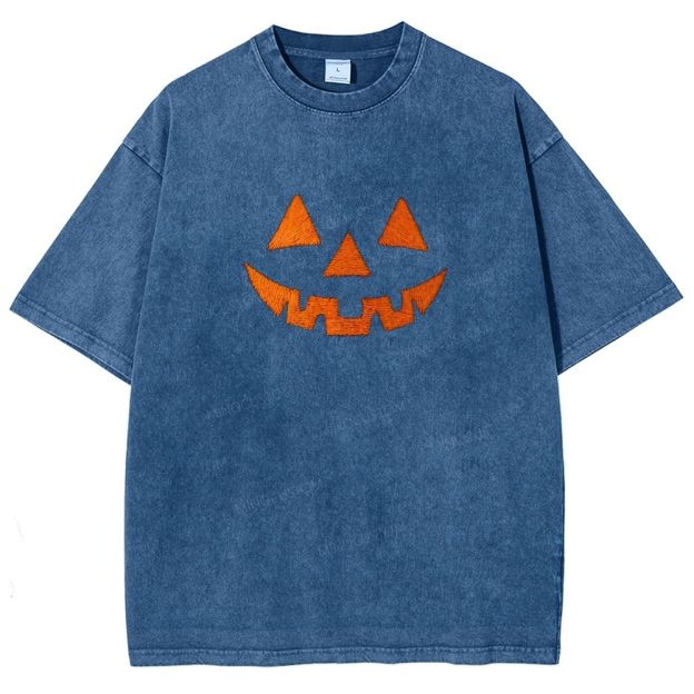 Minimal Retro Jack O Lantern Pumpkin Face Halloween Washed T-shirt
