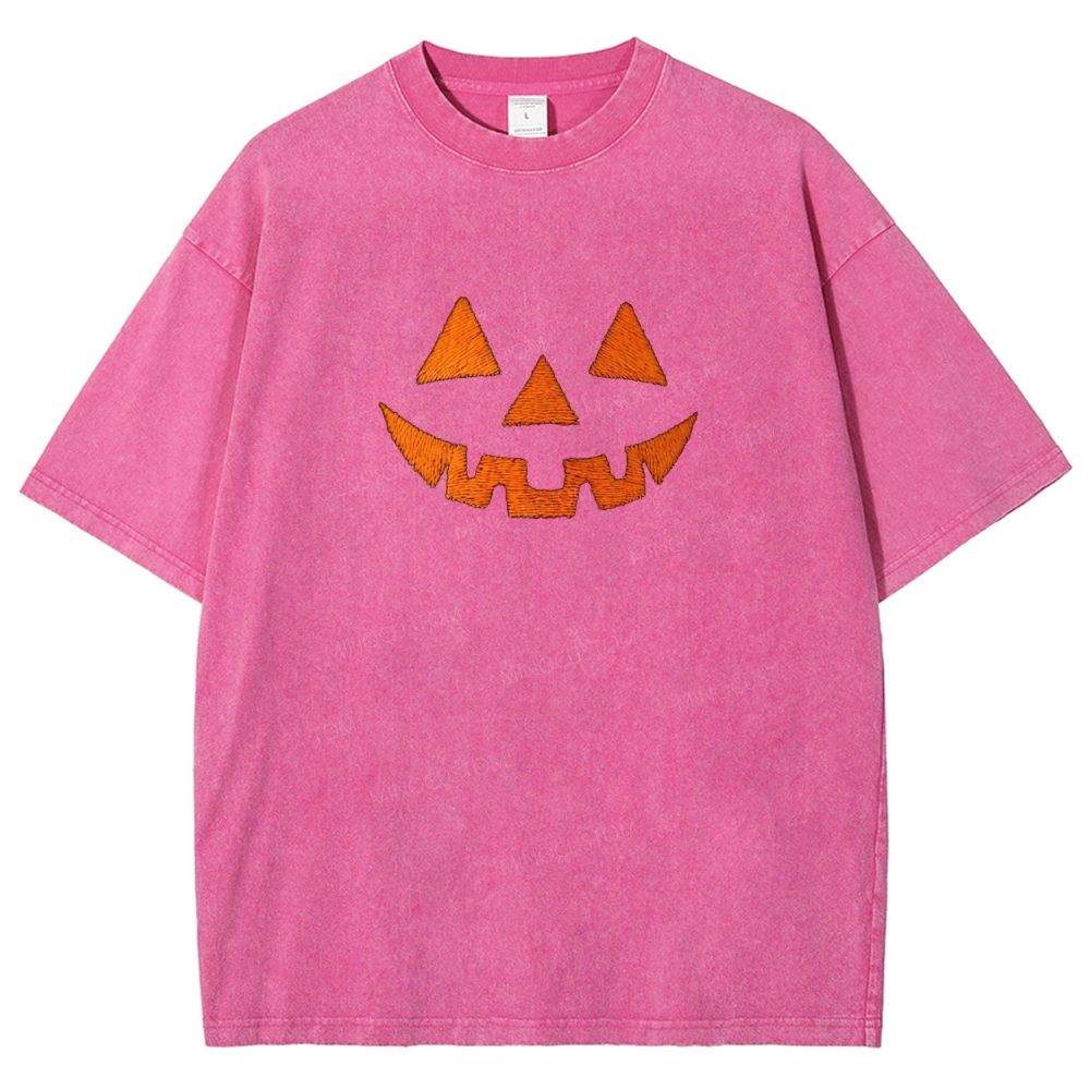 Minimal Retro Jack O Lantern Pumpkin Face Halloween Washed T-shirt