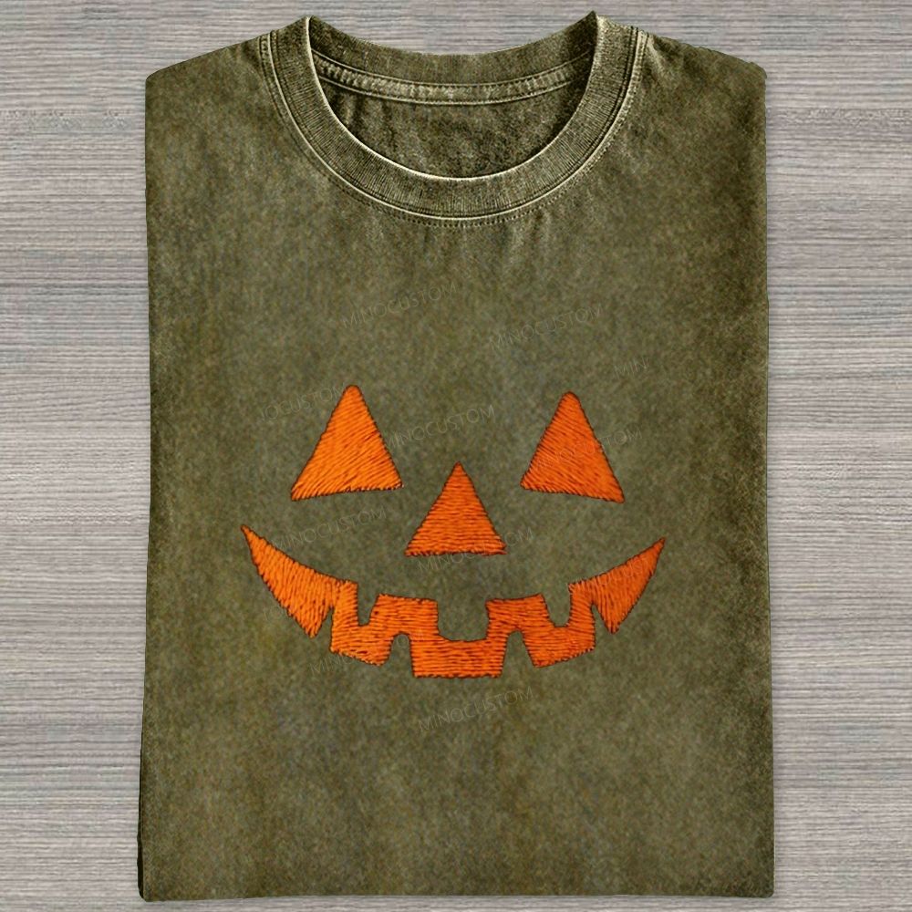 Minimal Retro Jack O Lantern Pumpkin Face Halloween Washed T-shirt