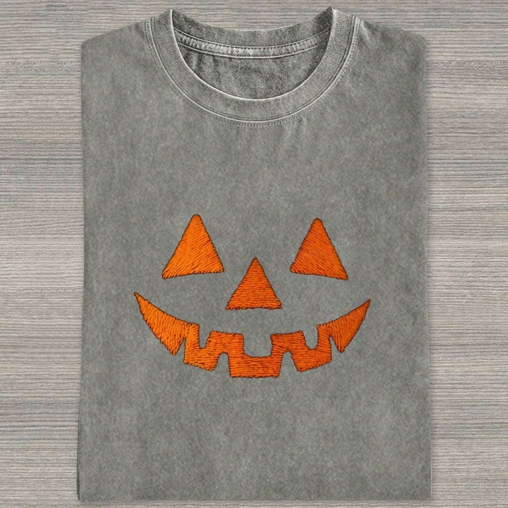 Minimal Retro Jack O Lantern Pumpkin Face Halloween Washed T-shirt