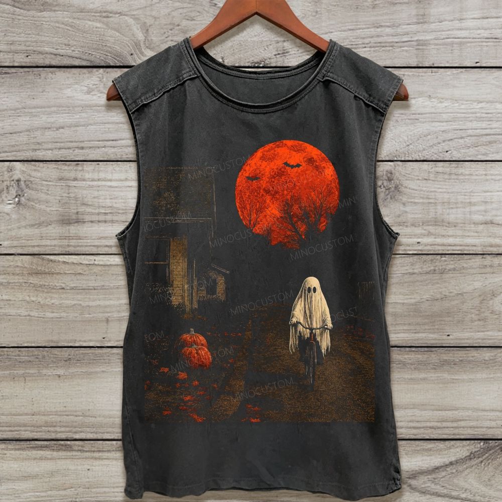 Ghost Riding Bicycle Red Blood Moon Washed Tank Top