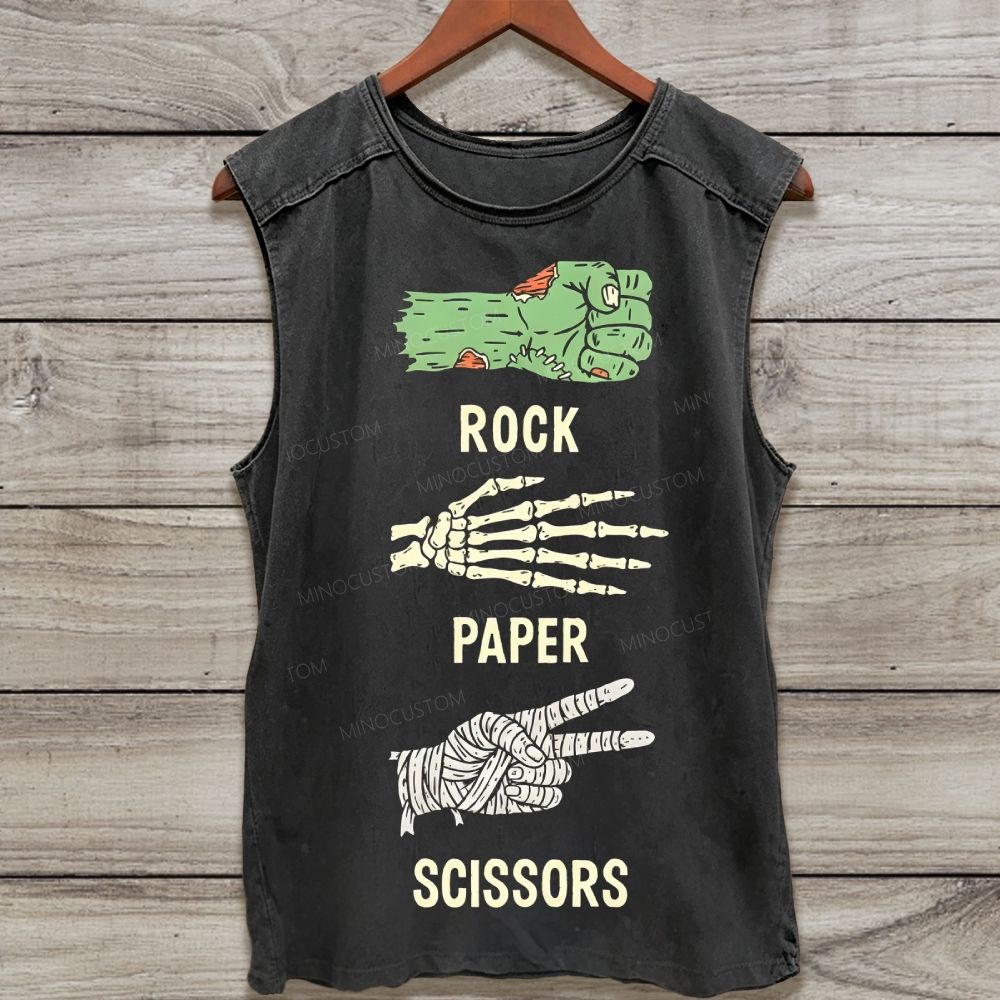 Zombie Skeleton Mummy Rock Paper Scissors Graphic Washed Tank Top