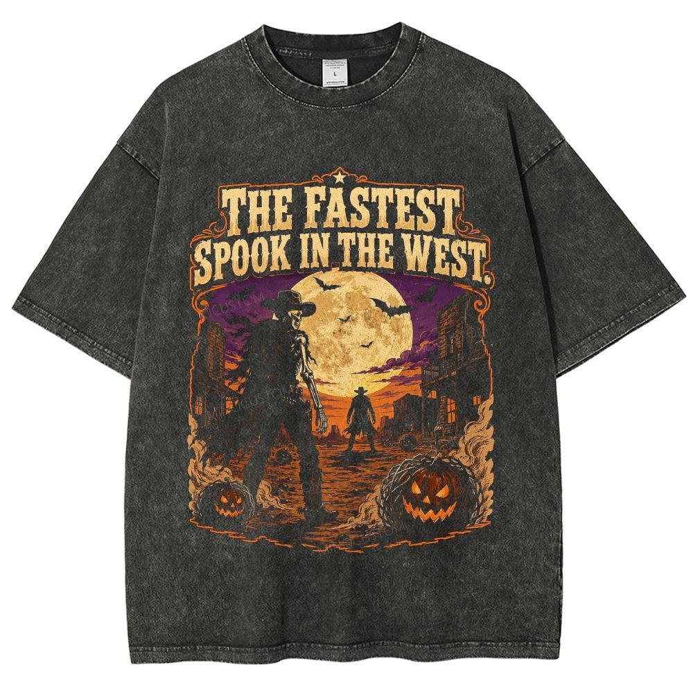 The Fastest Spook In The West Western Halloween Skeleton Washed T-Shirt