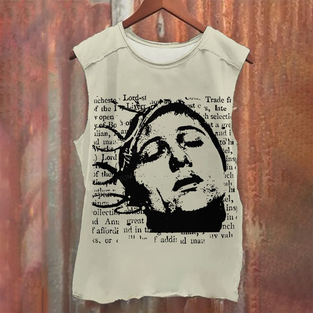 Vintage Grunge Newspaper Art Outside Your Room Printed Tank Top 