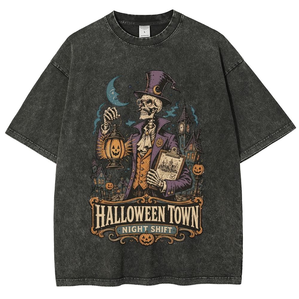 Vintage Halloween Town Night Shift Skeleton Mayor Washed T-Shirt
