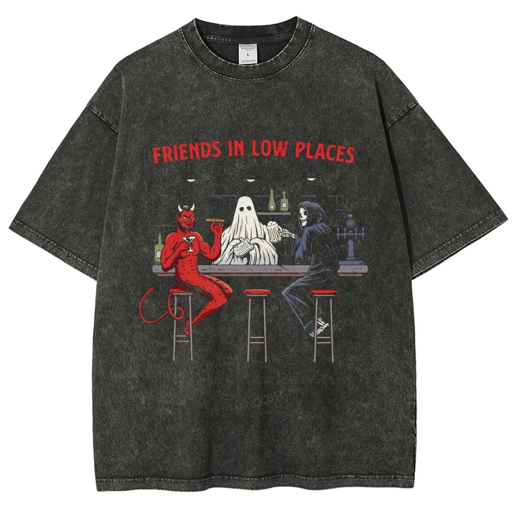 Friends In Low Places Demon Ghost Grim Reaper Bar Scene Washed T-Shirt