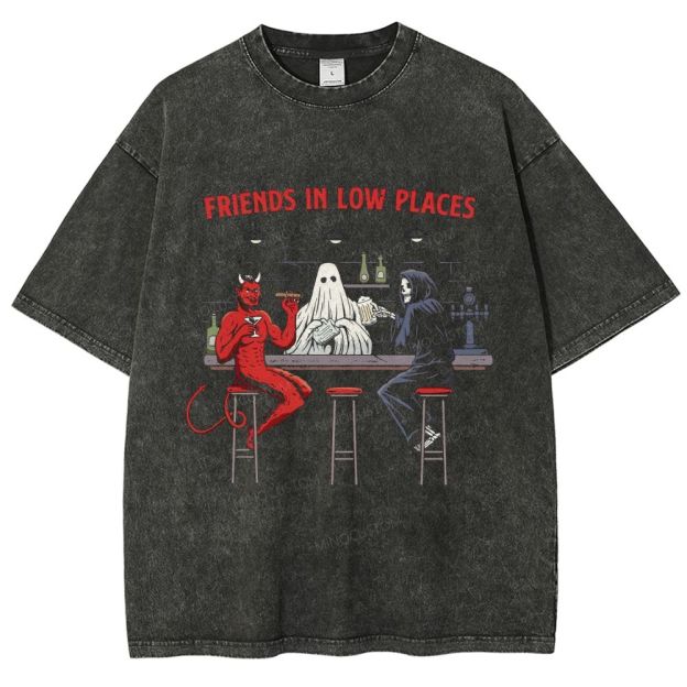 Friends In Low Places Demon Ghost Grim Reaper Bar Scene Washed T-Shirt