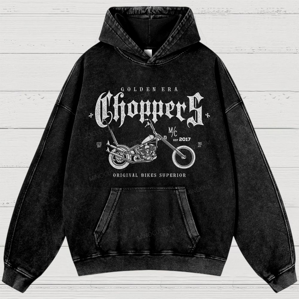 "GOLDEN ERA Choppers" Motorcycle Graphic Distressed Washed Hoodies 