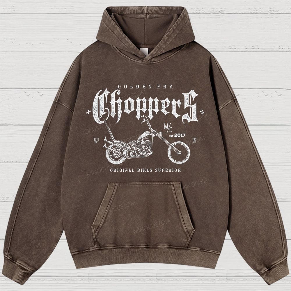 "GOLDEN ERA Choppers" Motorcycle Graphic Distressed Washed Hoodies 