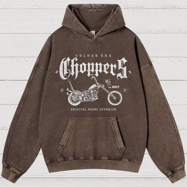 "GOLDEN ERA Choppers" Motorcycle Graphic Distressed Washed Hoodies 