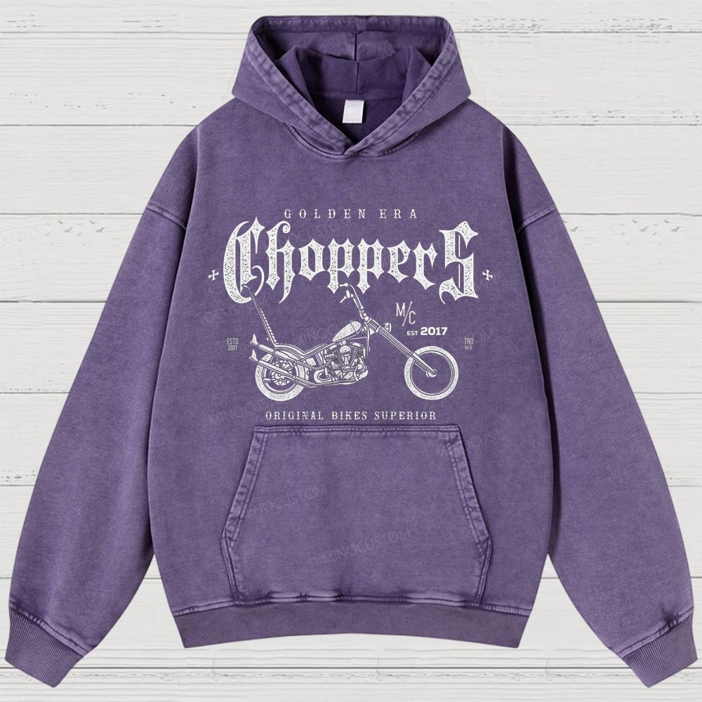 "GOLDEN ERA Choppers" Motorcycle Graphic Distressed Washed Hoodies 