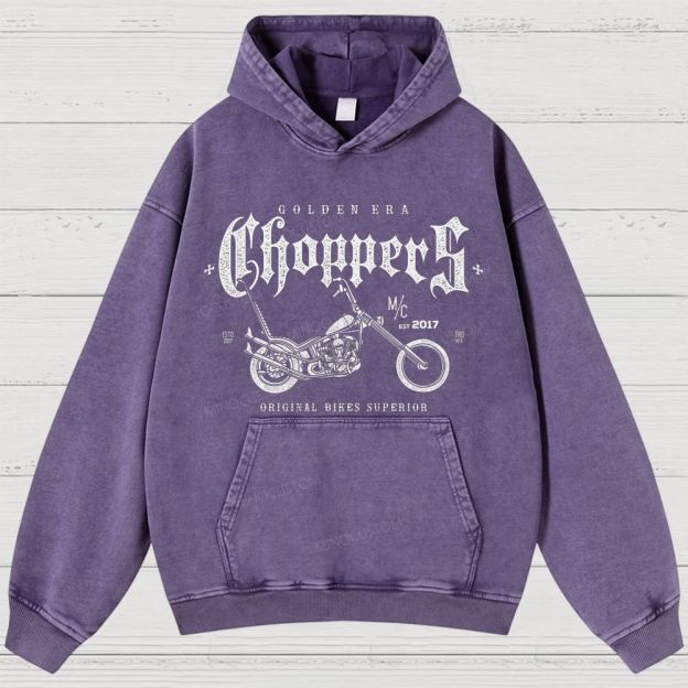 "GOLDEN ERA Choppers" Motorcycle Graphic Distressed Washed Hoodies 
