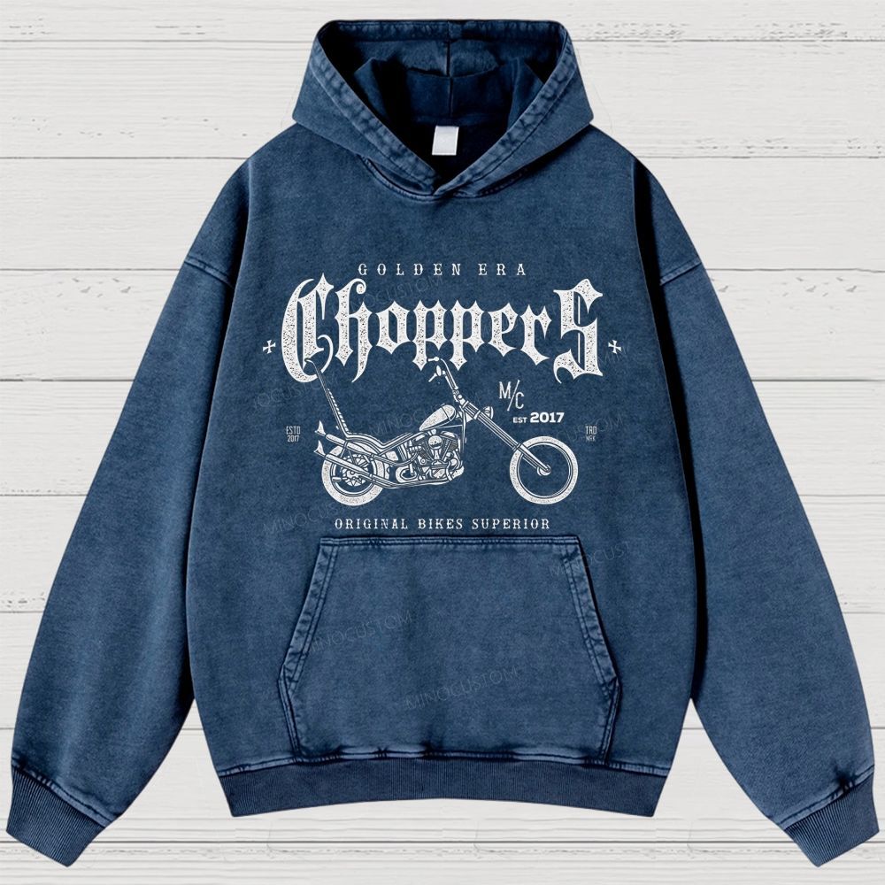 "GOLDEN ERA Choppers" Motorcycle Graphic Distressed Washed Hoodies 