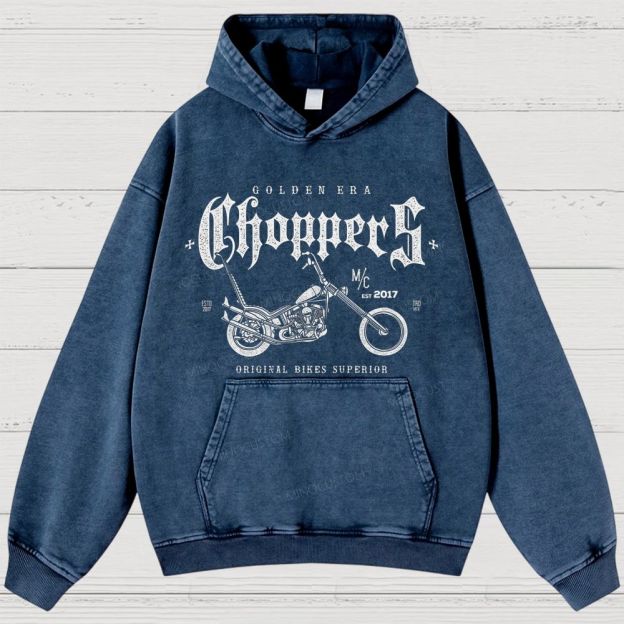 "GOLDEN ERA Choppers" Motorcycle Graphic Distressed Washed Hoodies 