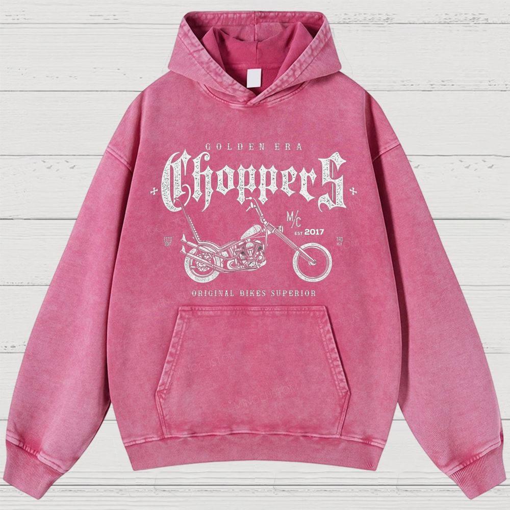 "GOLDEN ERA Choppers" Motorcycle Graphic Distressed Washed Hoodies 