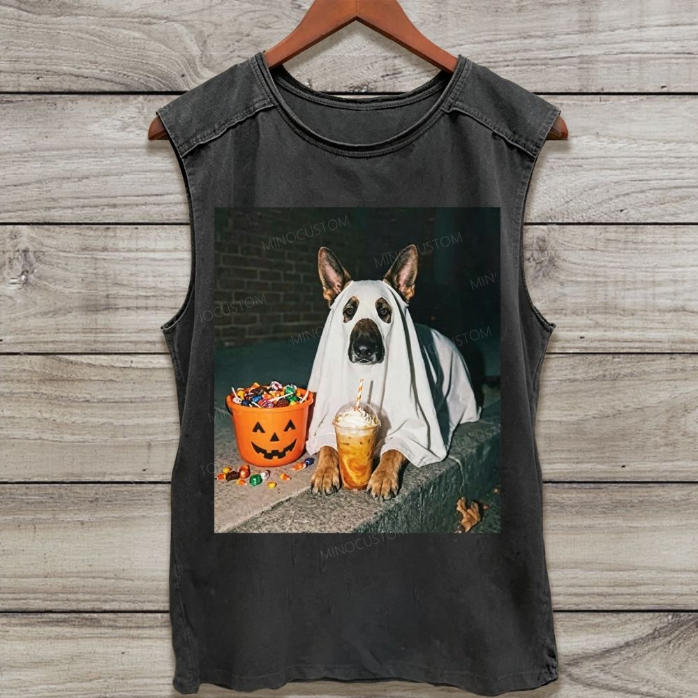 Ghost Dog Pumpkin Candy Halloween Pet Washed Tank Top