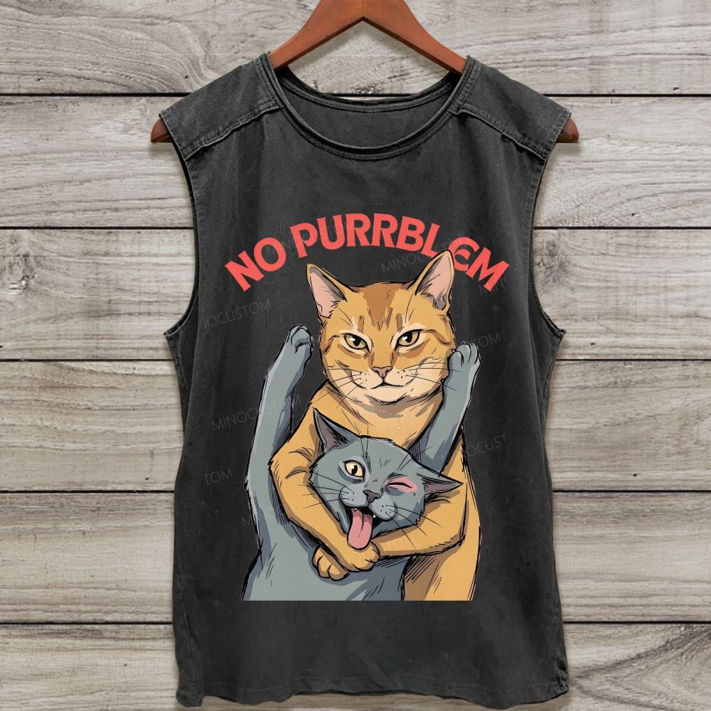 Funny Cat Meme No Purrblem Pun Washed Tank Top