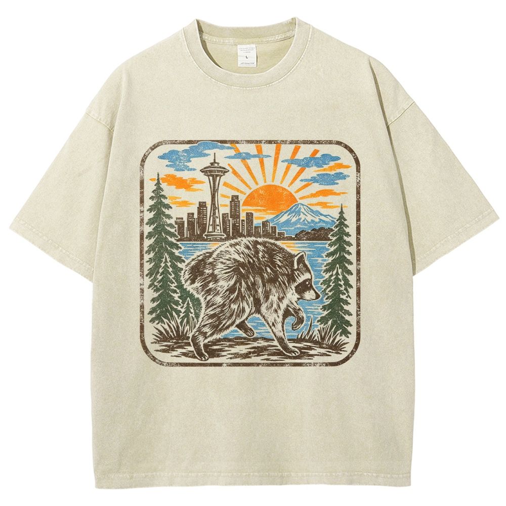 Vintage Seattle Raccoon Mountain Sunset Washed T-Shirt