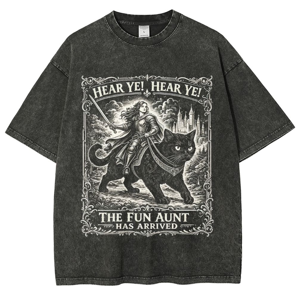 Hear Ye Hear Ye The Fun Aunt Has Arrived Medieval Knight Cat Washed T-Shirt