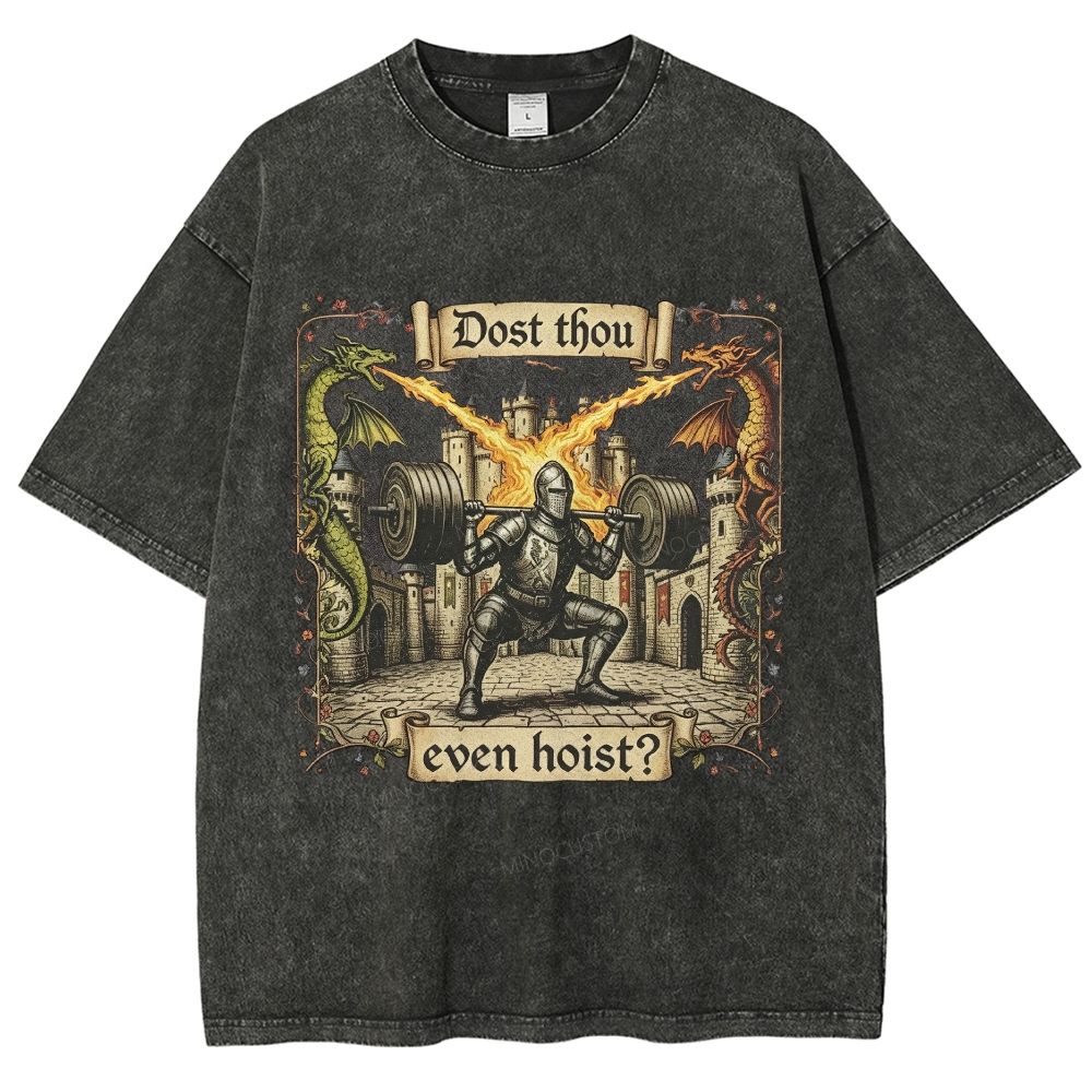 Medieval Knight Weightlifting Dragon Castle Washed T-Shirt