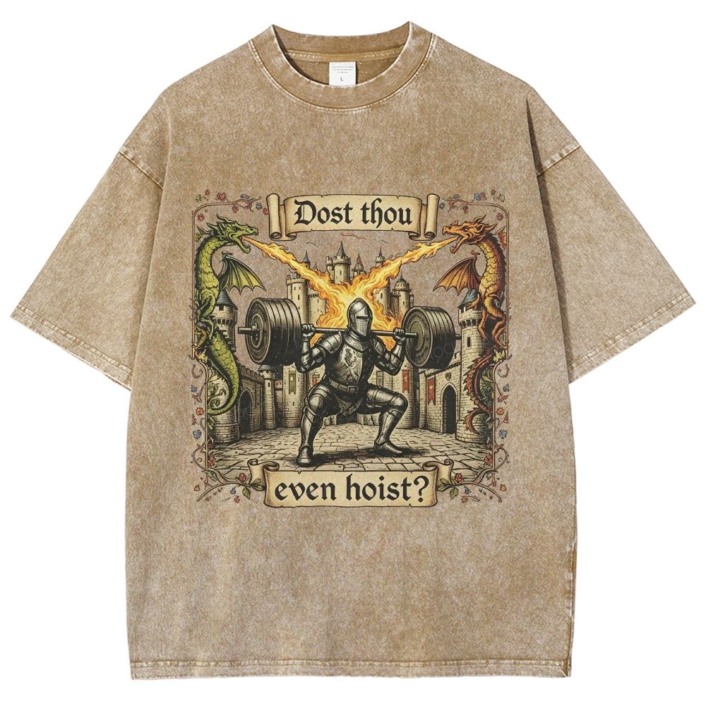 Medieval Knight Weightlifting Dragon Castle Washed T-Shirt