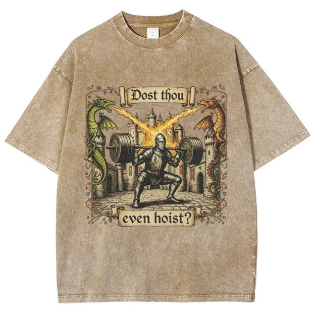 Medieval Knight Weightlifting Dragon Castle Washed T-Shirt