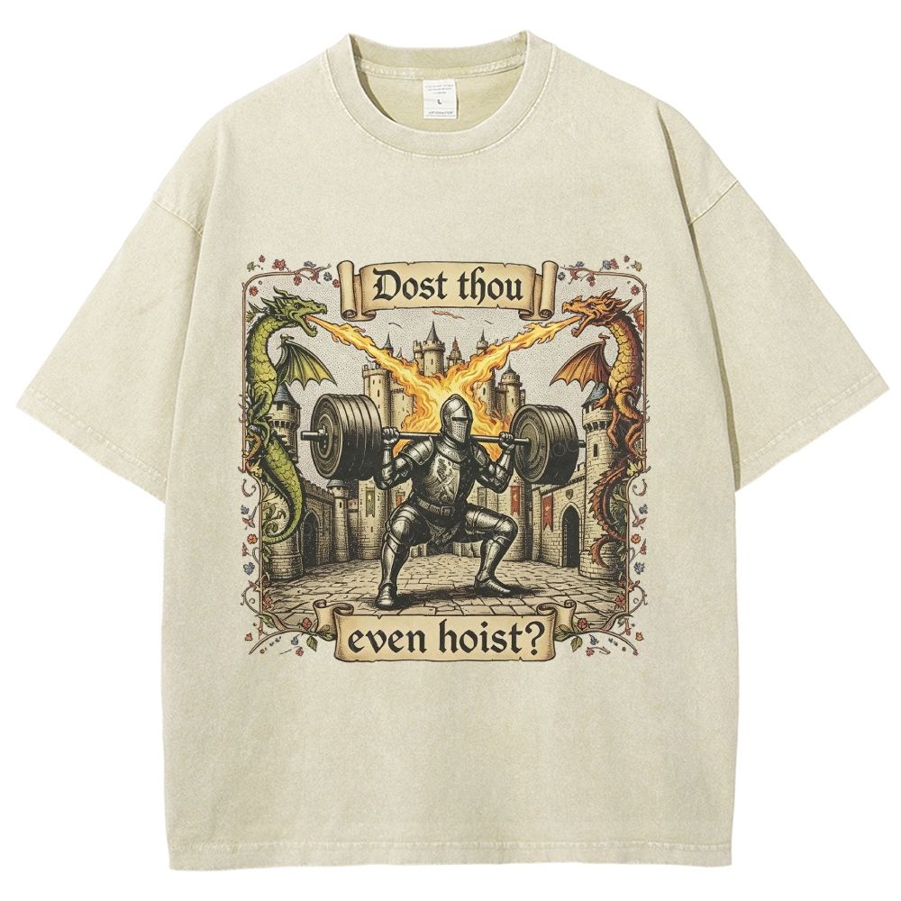 Medieval Knight Weightlifting Dragon Castle Washed T-Shirt