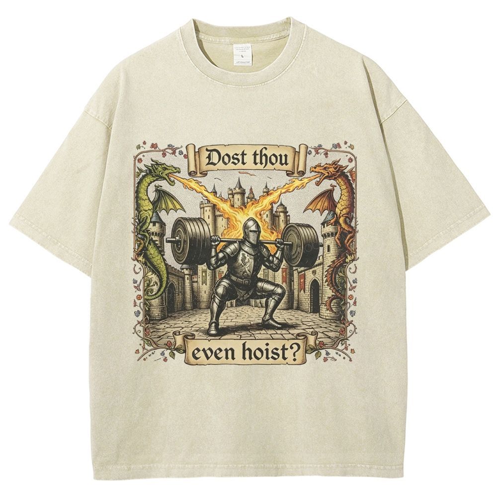 Medieval Knight Weightlifting Dragon Castle Washed T-Shirt