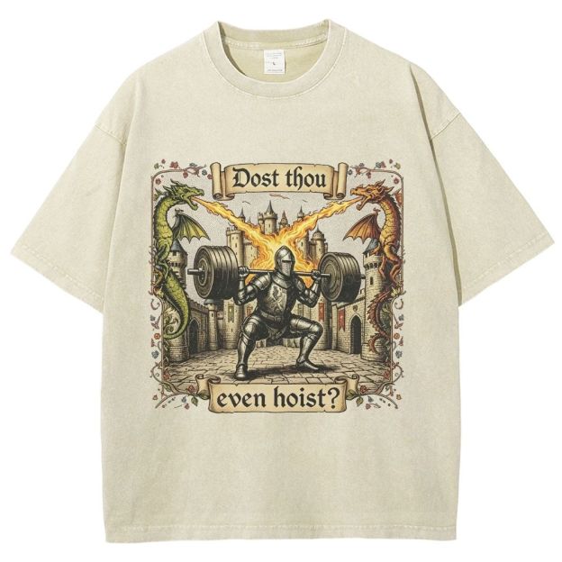 Medieval Knight Weightlifting Dragon Castle Washed T-Shirt