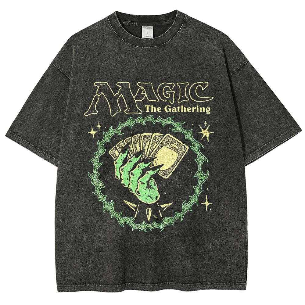 Retro Dark Sorcerer Hand Magic Cards Washed T-Shirt