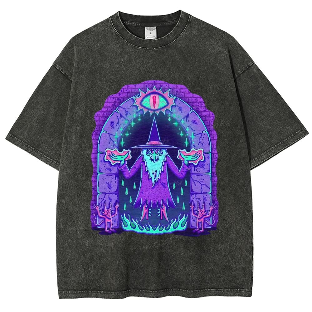 Neon Dark Wizard Magic Portal Demon Washed T-Shirt