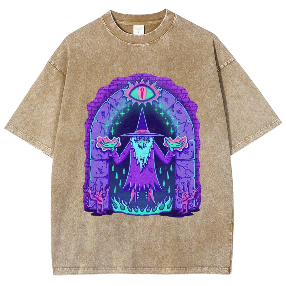 Neon Dark Wizard Magic Portal Demon Washed T-Shirt