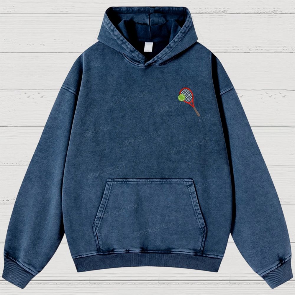 Big Tennis Racket with Ball Embroidery Washed Hoodies 