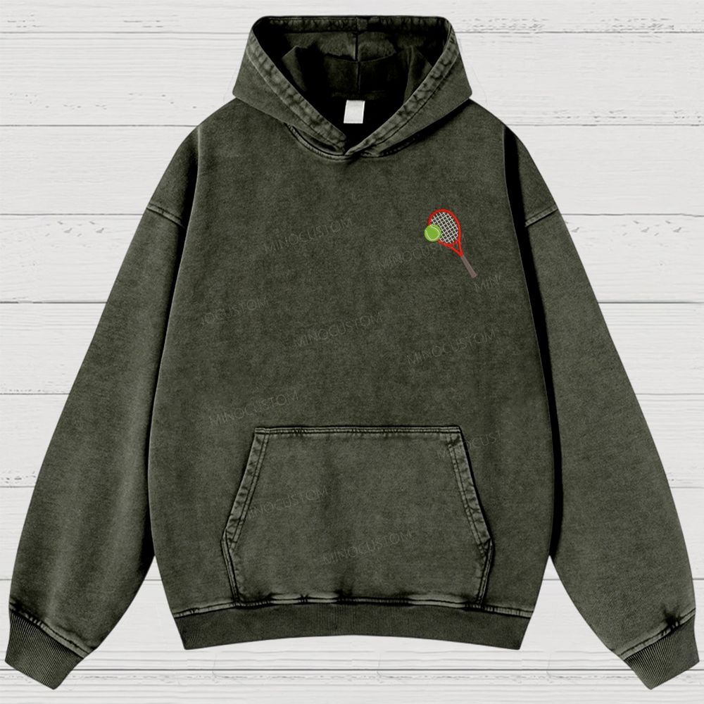 Big Tennis Racket with Ball Embroidery Washed Hoodies 