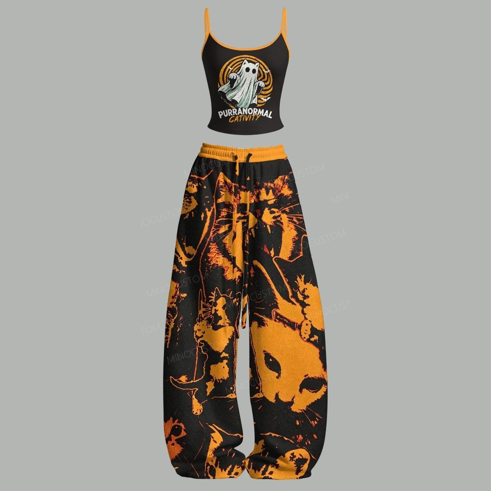 Ghost Cat Print Top & Elasticated Trousers Two-Piece Set