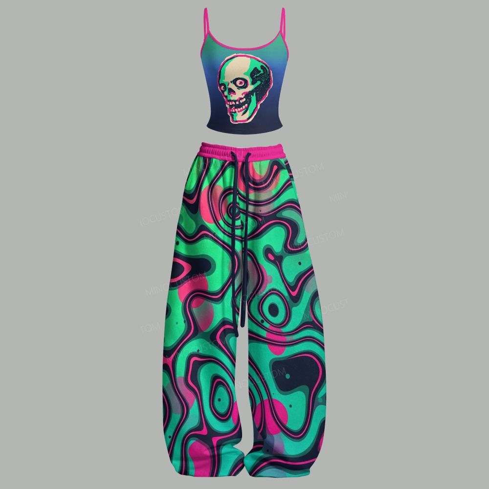 Trippy Wave Skull Top & Elasticated Trousers Two-Piece Set