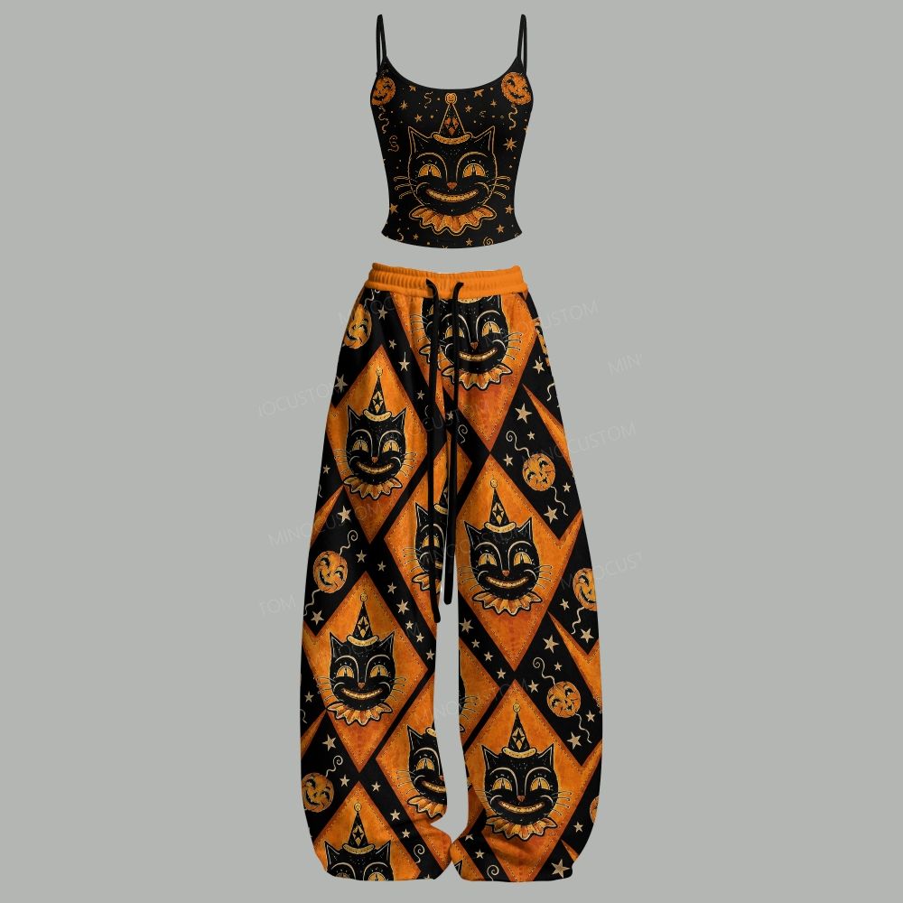 Vintage Halloween Black Cat Pumpkin Top & Elasticated Trousers Two-Piece Set