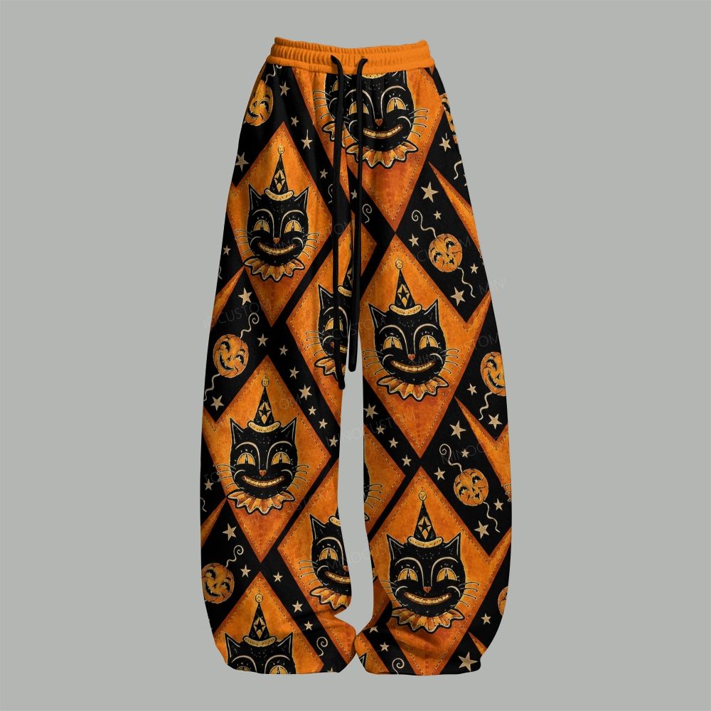 Vintage Halloween Black Cat Pumpkin Top & Elasticated Trousers Two-Piece Set