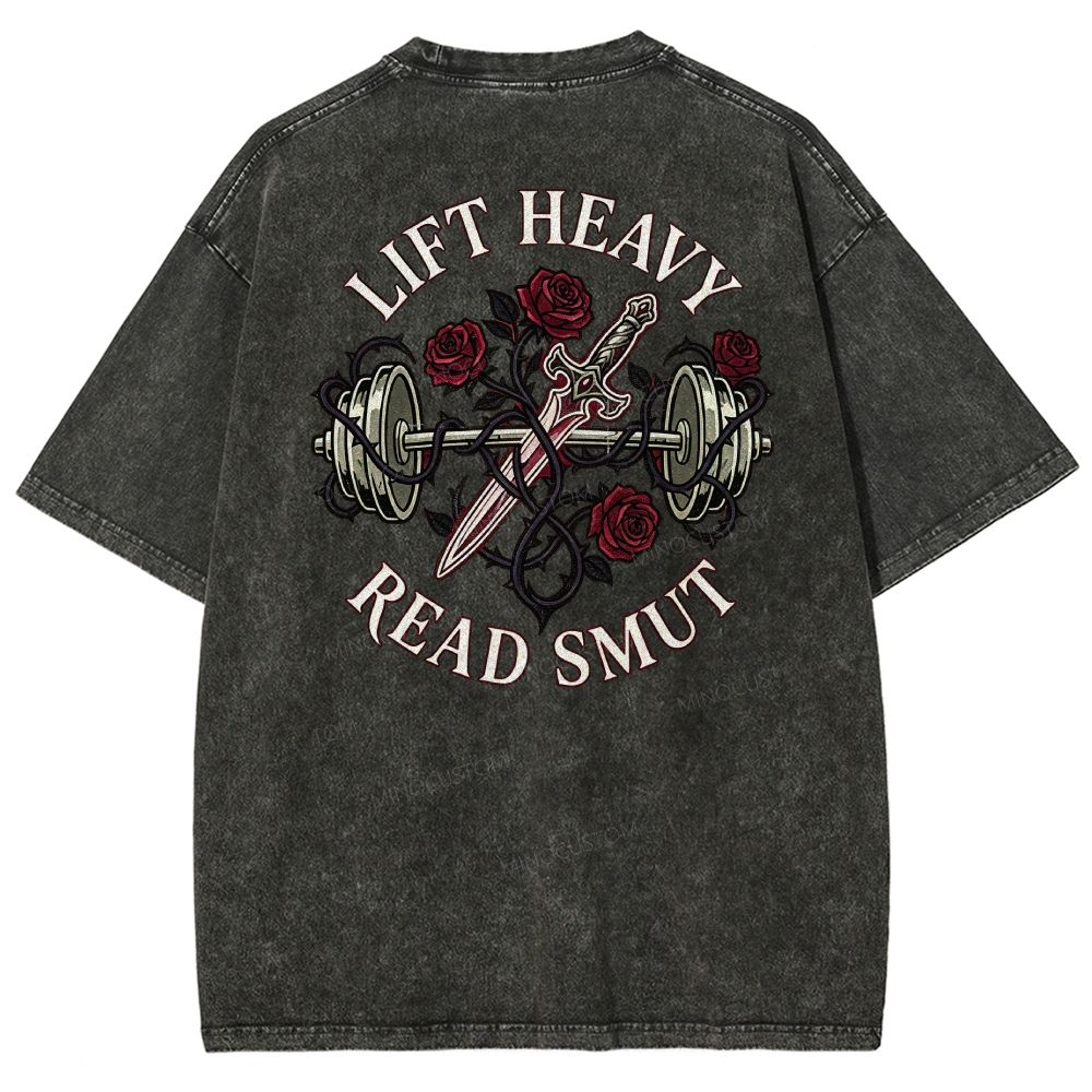 Vintage Washed Back‑Print Barbell Rose Sword Graphic Washed T-Shirt