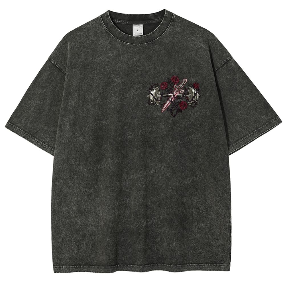 Vintage Washed Back‑Print Barbell Rose Sword Graphic Washed T-Shirt