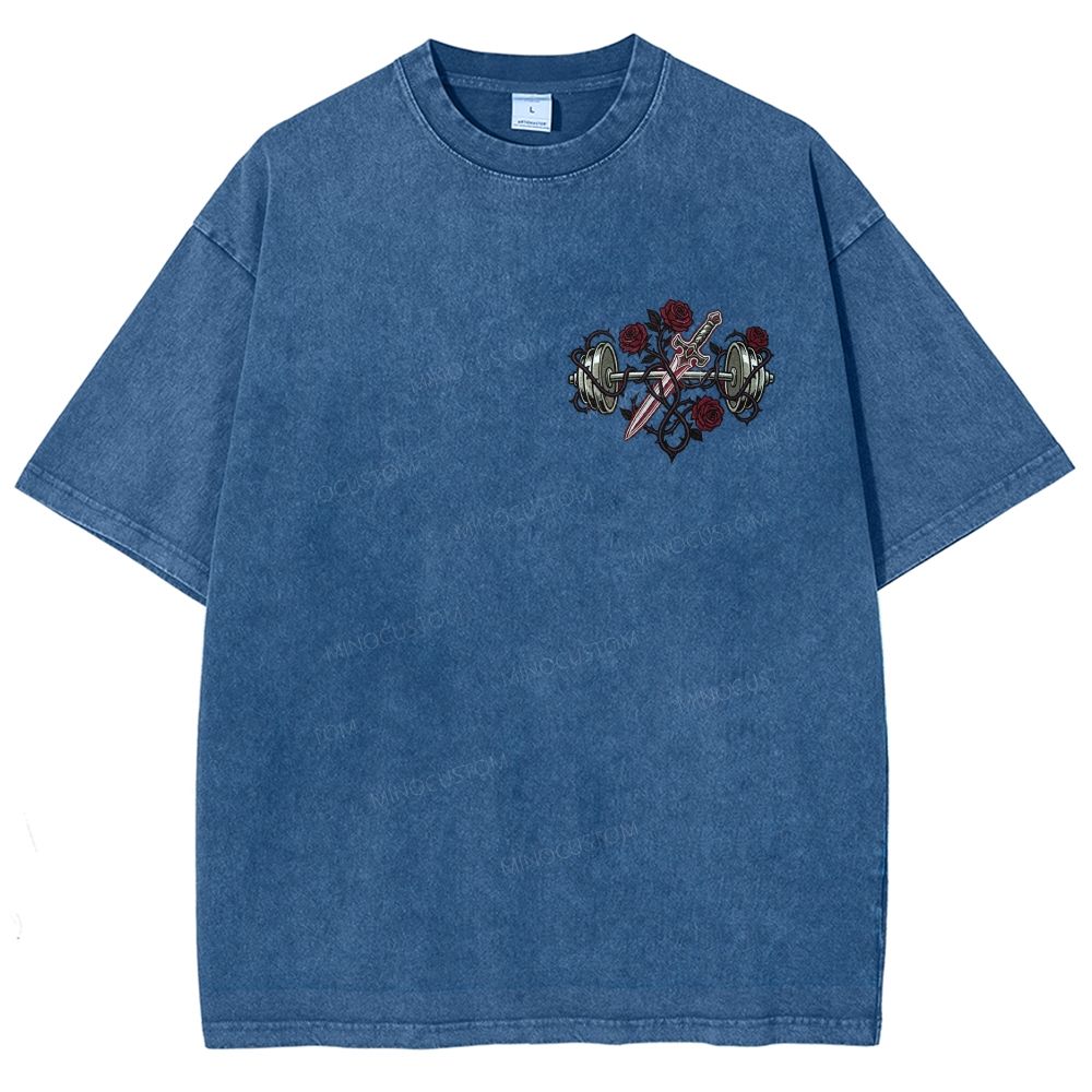 Vintage Washed Back‑Print Barbell Rose Sword Graphic Washed T-Shirt