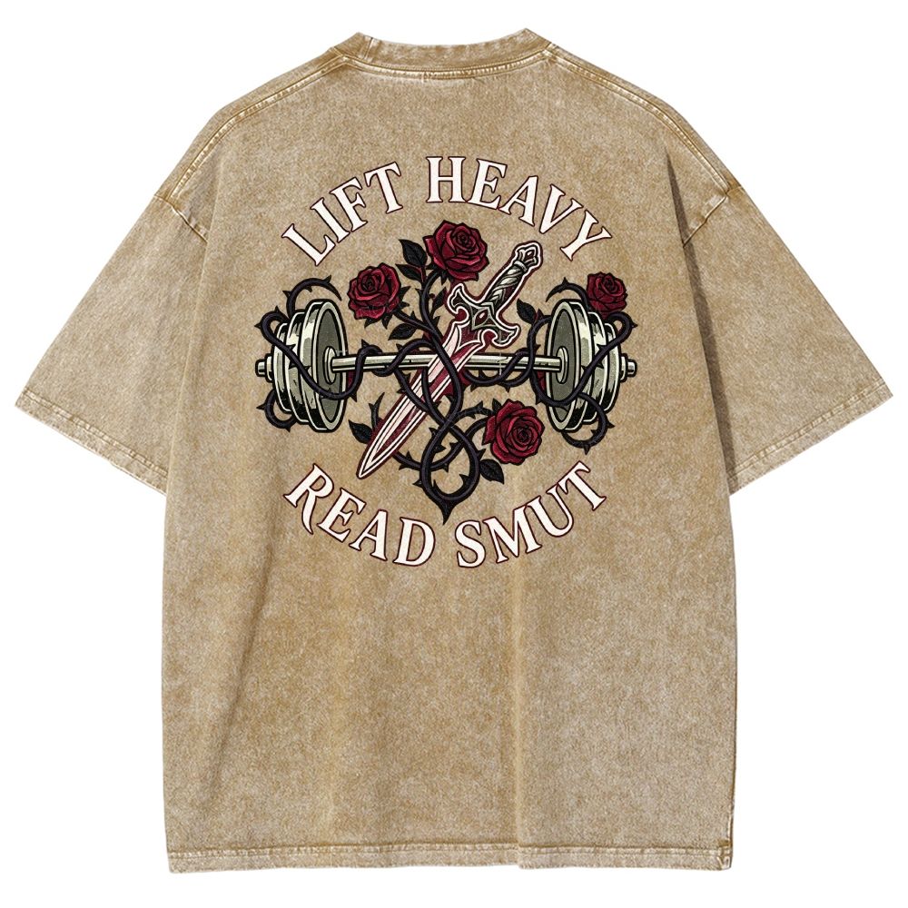Vintage Washed Back‑Print Barbell Rose Sword Graphic Washed T-Shirt